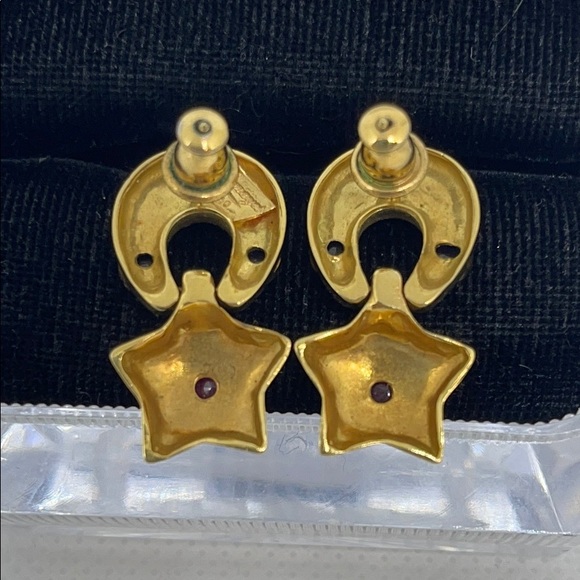 18K Gold Sapphire & Ruby Designer Stamped Earrings - Picture 3 of 4